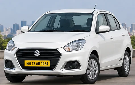 White Maruti Suzuki Swift Dzire taxi with yellow MH commercial number plate, Mumbai